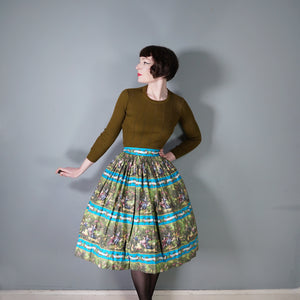 ROCOCO NOVELTY PRINT BLUE GREEN 50s FULL SKIRT - 26"