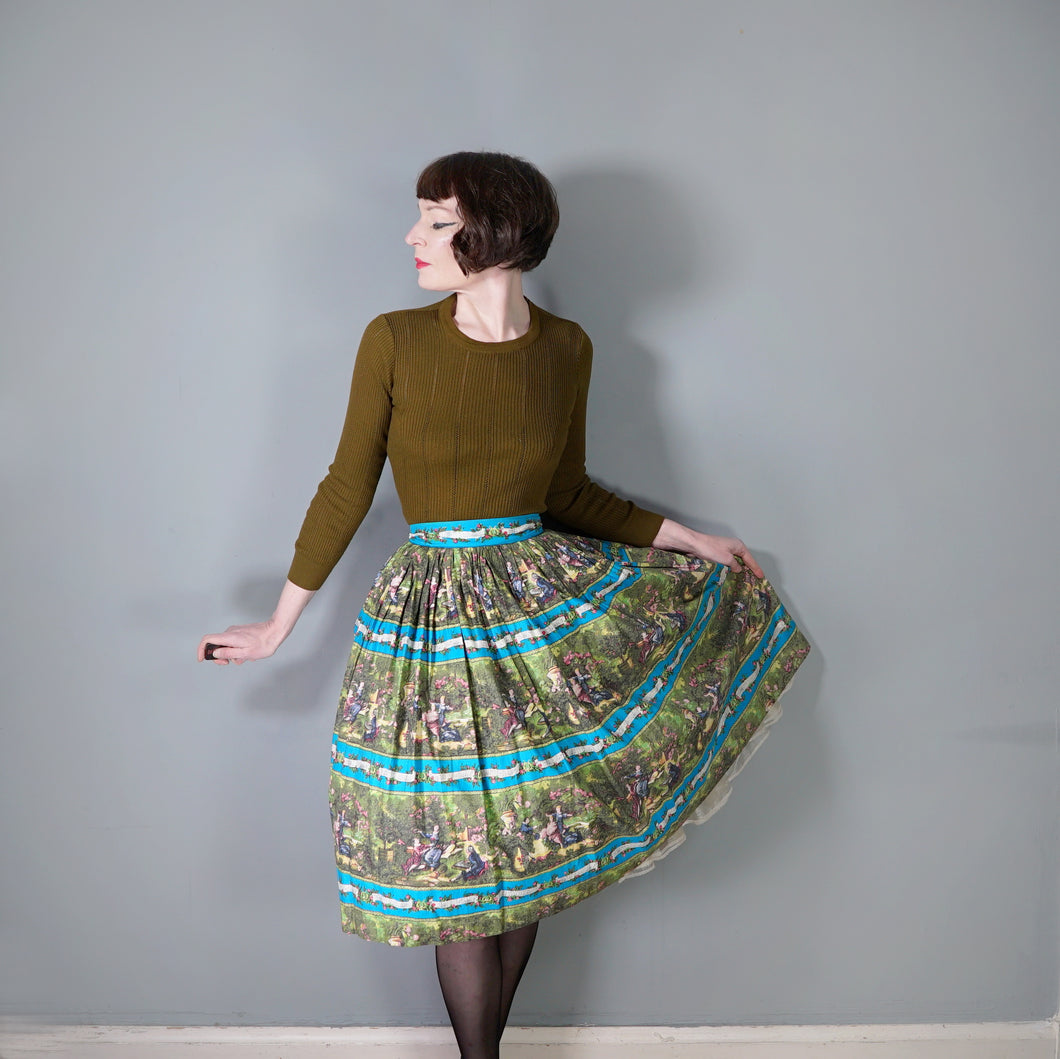ROCOCO NOVELTY PRINT BLUE GREEN 50s FULL SKIRT - 26