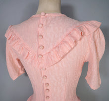 Load image into Gallery viewer, 40s PINK BROCADE RAYON TEA DRESS WITH RUFFLES AND PUFF SLEEVES - XS