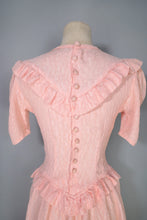 Load image into Gallery viewer, 40s PINK BROCADE RAYON TEA DRESS WITH RUFFLES AND PUFF SLEEVES - XS