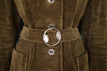 Load image into Gallery viewer, 60s OLIVE COLOURED CORDUROY AUTUMN COAT JACKET WITH BELT - S