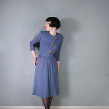 Load image into Gallery viewer, TAILORED DUSKY BLUE 40s STYLE BIG BUTTON AUTUMN WINTER DRESS - S-M
