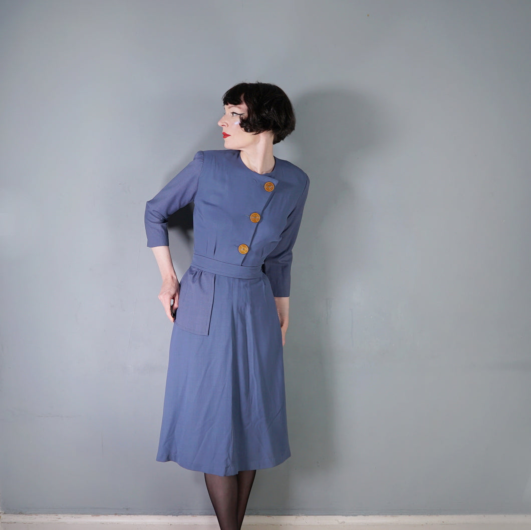 TAILORED DUSKY BLUE 40s STYLE BIG BUTTON AUTUMN WINTER DRESS - S-M