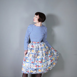 50s NOVELTY SKIRT IN BANQUET FOOD PRINT WITH WINE, FRUIT AND VEGETABLES - 24"