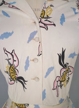 Load image into Gallery viewer, 40s SOFT RAYON JERSEY CREAM NOVELTY DRESS WITH CHERUBS / CUPIDS AND FANS - S