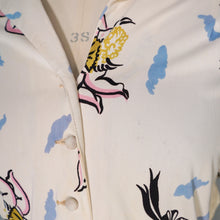 Load image into Gallery viewer, 40s SOFT RAYON JERSEY CREAM NOVELTY DRESS WITH CHERUBS / CUPIDS AND FANS - S