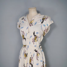 Load image into Gallery viewer, 40s SOFT RAYON JERSEY CREAM NOVELTY DRESS WITH CHERUBS / CUPIDS AND FANS - S
