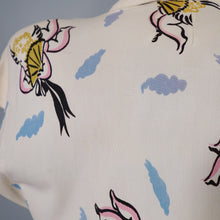 Load image into Gallery viewer, 40s SOFT RAYON JERSEY CREAM NOVELTY DRESS WITH CHERUBS / CUPIDS AND FANS - S