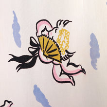 Load image into Gallery viewer, 40s SOFT RAYON JERSEY CREAM NOVELTY DRESS WITH CHERUBS / CUPIDS AND FANS - S