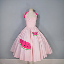 Load image into Gallery viewer, 50s PASTEL PINK COTTON HALTER FULL CIRCL DRESS WITH WATERMELON APPLIQUES - S