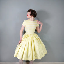 Load image into Gallery viewer, 50s YELLOW COTTON PIN TUCK FULL SKIRTED DRESS WITH LACE TRIMS - XS-S