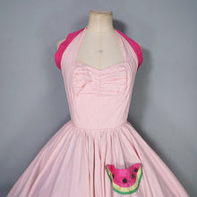 Load image into Gallery viewer, 50s PASTEL PINK COTTON HALTER FULL CIRCL DRESS WITH WATERMELON APPLIQUES - S