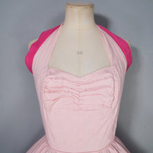 Load image into Gallery viewer, 50s PASTEL PINK COTTON HALTER FULL CIRCL DRESS WITH WATERMELON APPLIQUES - S