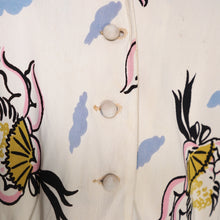 Load image into Gallery viewer, 40s SOFT RAYON JERSEY CREAM NOVELTY DRESS WITH CHERUBS / CUPIDS AND FANS - S