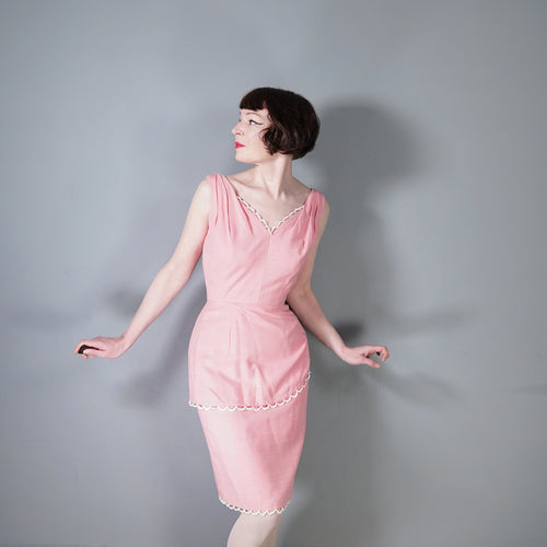 50s 60s CLARALURA BALLET PINK TIERED WIGGLE DRESS WITH SCALLOP TRIMS - S