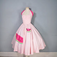 Load image into Gallery viewer, 50s PASTEL PINK COTTON HALTER FULL CIRCL DRESS WITH WATERMELON APPLIQUES - S