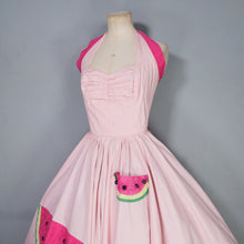 Load image into Gallery viewer, 50s PASTEL PINK COTTON HALTER FULL CIRCL DRESS WITH WATERMELON APPLIQUES - S