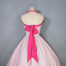 Load image into Gallery viewer, 50s PASTEL PINK COTTON HALTER FULL CIRCL DRESS WITH WATERMELON APPLIQUES - S