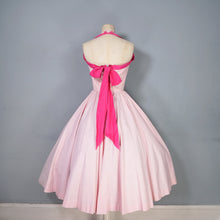 Load image into Gallery viewer, 50s PASTEL PINK COTTON HALTER FULL CIRCL DRESS WITH WATERMELON APPLIQUES - S