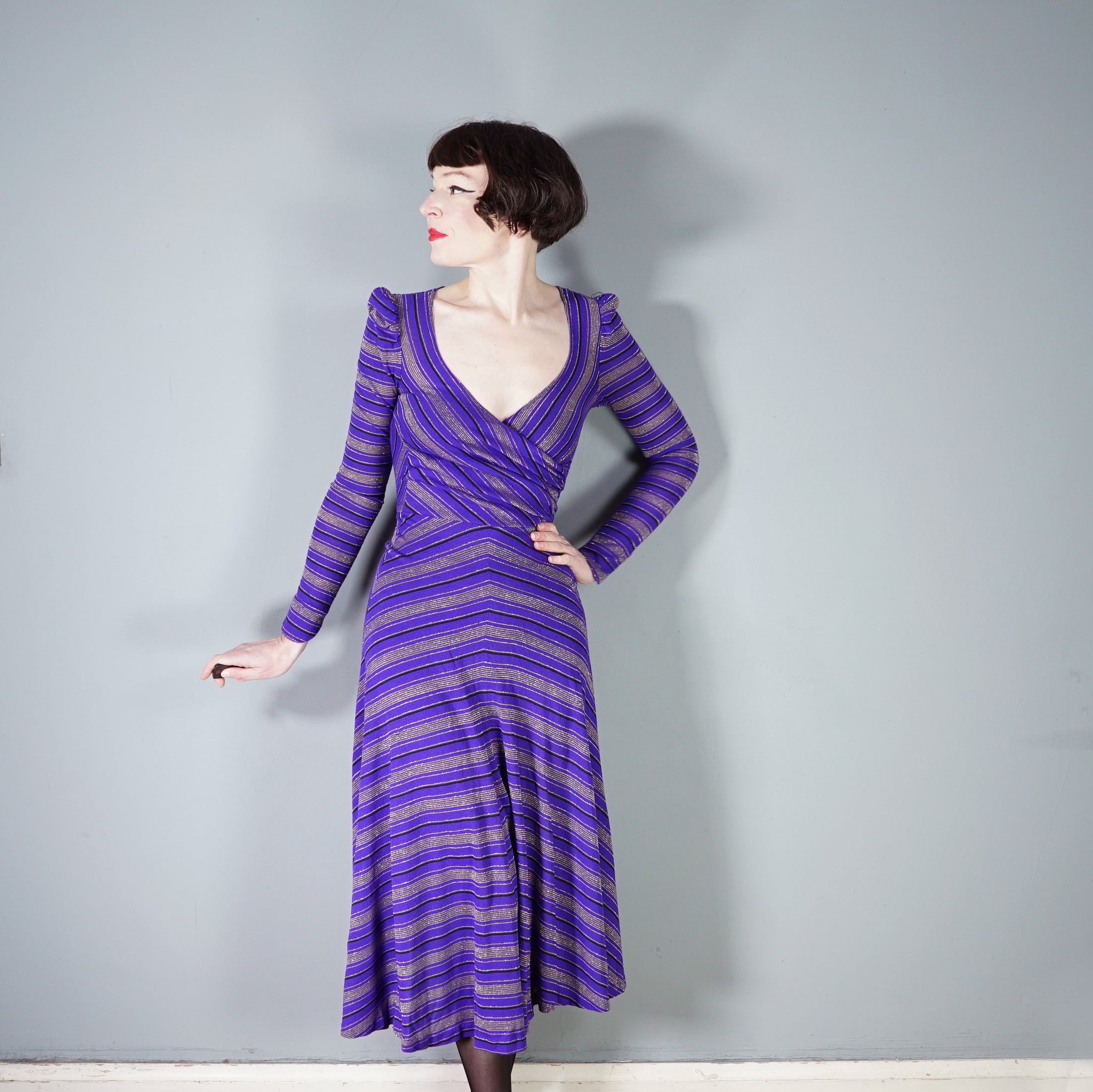 70s UNLABELED BIBA PURPLE GOLD STRIPED WRAP OVER MIDI DRESS - XS Sartorial Matters 70s UNLABELED BIBA PURPLE GOLD STRIPED WRAP OVER MIDI DRESS - XS Sartorial Matters