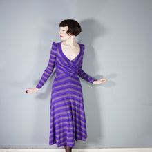 Load image into Gallery viewer, 70s UNLABELED BIBA PURPLE GOLD STRIPED WRAP OVER MIDI DRESS - XS