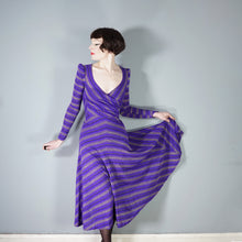 Load image into Gallery viewer, 70s UNLABELED BIBA PURPLE GOLD STRIPED WRAP OVER MIDI DRESS - XS