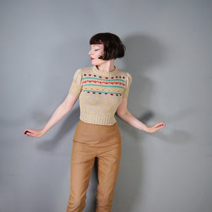 70s CROPPED PUFF SLEEVE WOOL BEIGE FAIRISLE JUMPER - XS