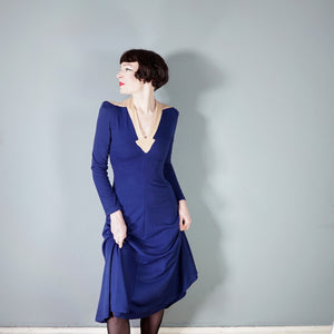 70s DEEP BLUE ART DECO STYLE PONTE KNIT JERSEY DRESS - XS-S