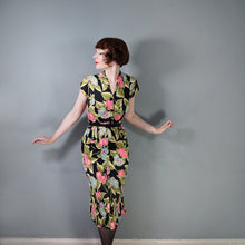 Load image into Gallery viewer, 40s BLACK WITH FLURO PINK, GREEN AND TURQUOISE FLORAL RAYON JERSEY PEPLUM DRESS - XS-S