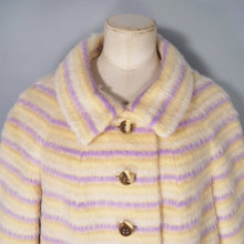 Load image into Gallery viewer, 50s 60s CLAREWOOD PASTEL YELLOW AND PURPLE STRIPE FUZZY MOHAIR SWING COAT - S-M