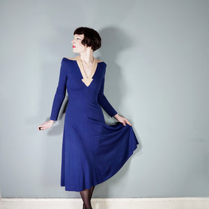 70s DEEP BLUE ART DECO STYLE PONTE KNIT JERSEY DRESS - XS-S