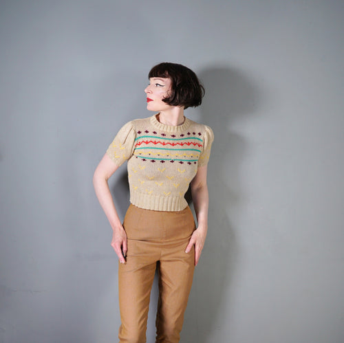 70s CROPPED PUFF SLEEVE WOOL BEIGE FAIRISLE JUMPER - XS