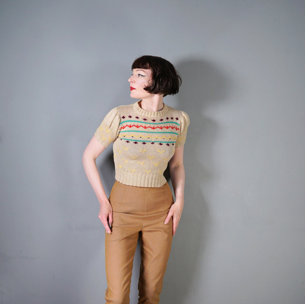 70s CROPPED PUFF SLEEVE WOOL BEIGE FAIRISLE JUMPER - XS