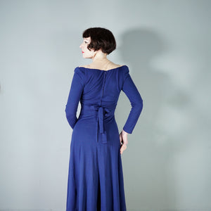 70s DEEP BLUE ART DECO STYLE PONTE KNIT JERSEY DRESS - XS-S