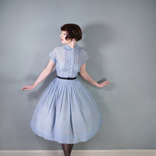 Load image into Gallery viewer, 50s SEMI SHEER BLUE FULL SKIRTED SHIRT WAIST DAY DRESS - M