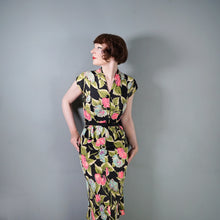 Load image into Gallery viewer, 40s BLACK WITH FLURO PINK, GREEN AND TURQUOISE FLORAL RAYON JERSEY PEPLUM DRESS - XS-S