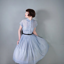 Load image into Gallery viewer, 50s SEMI SHEER BLUE FULL SKIRTED SHIRT WAIST DAY DRESS - M