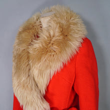 Load image into Gallery viewer, 60s BOLD RED WOOL MOD COAT WITH BUCKLE AND BIG SHEEPSKIN COLLAR -