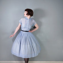 Load image into Gallery viewer, 50s SEMI SHEER BLUE FULL SKIRTED SHIRT WAIST DAY DRESS - M