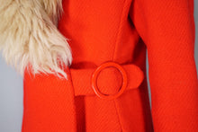 Load image into Gallery viewer, 60s BOLD RED WOOL MOD COAT WITH BUCKLE AND BIG SHEEPSKIN COLLAR -