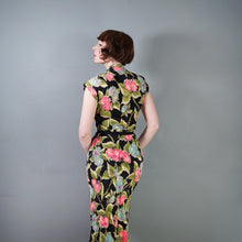 Load image into Gallery viewer, 40s BLACK WITH FLURO PINK, GREEN AND TURQUOISE FLORAL RAYON JERSEY PEPLUM DRESS - XS-S