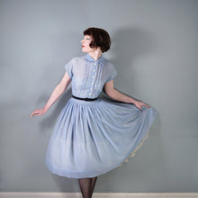 Load image into Gallery viewer, 50s SEMI SHEER BLUE FULL SKIRTED SHIRT WAIST DAY DRESS - M