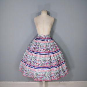50s PINK NOVELTY SCENIC HARBOUR AND BOATS PRINT FULL SKIRT -26-27"