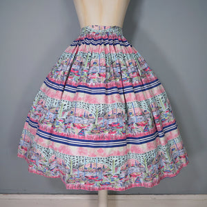 50s PINK NOVELTY SCENIC HARBOUR AND BOATS PRINT FULL SKIRT -26-27"