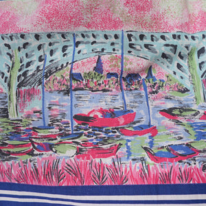 50s PINK NOVELTY SCENIC HARBOUR AND BOATS PRINT FULL SKIRT -26-27"