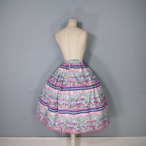 50s PINK NOVELTY SCENIC HARBOUR AND BOATS PRINT FULL SKIRT -26-27"