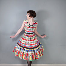 Load image into Gallery viewer, 50s "DOWNS" COLOURFUL RED WINE BOTTLES AND DRINKERS NOVELTY PRINT DRESS - S