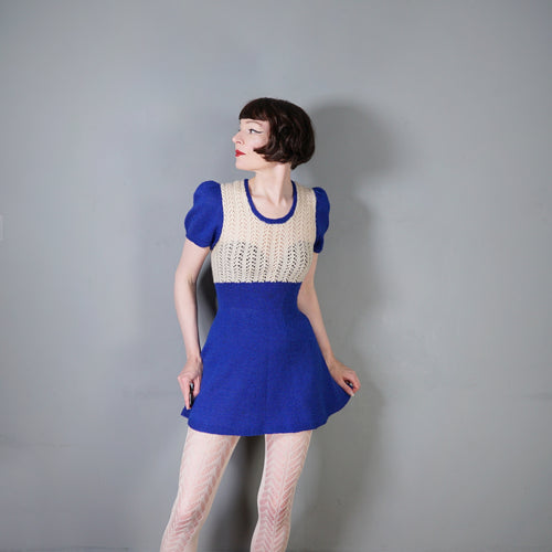 60s BLUE AND WHITE HAND KNITTED ICE SKATER DRESS - XS-S