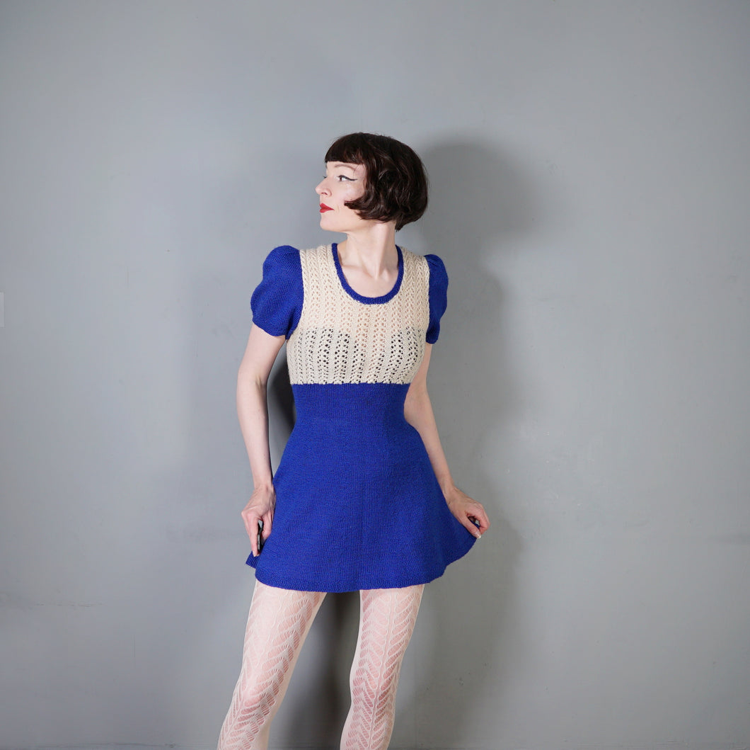 60s BLUE AND WHITE HAND KNITTED ICE SKATER DRESS - XS-S