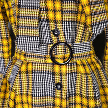 Load image into Gallery viewer, 70s HANDMADE BLACK AND YELLOW CHECK BELTED COAT - L